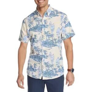 Izod Saltwater Hawaiian Tropical Yellow Blue Shirt LARGE Cruisewear Casual‎